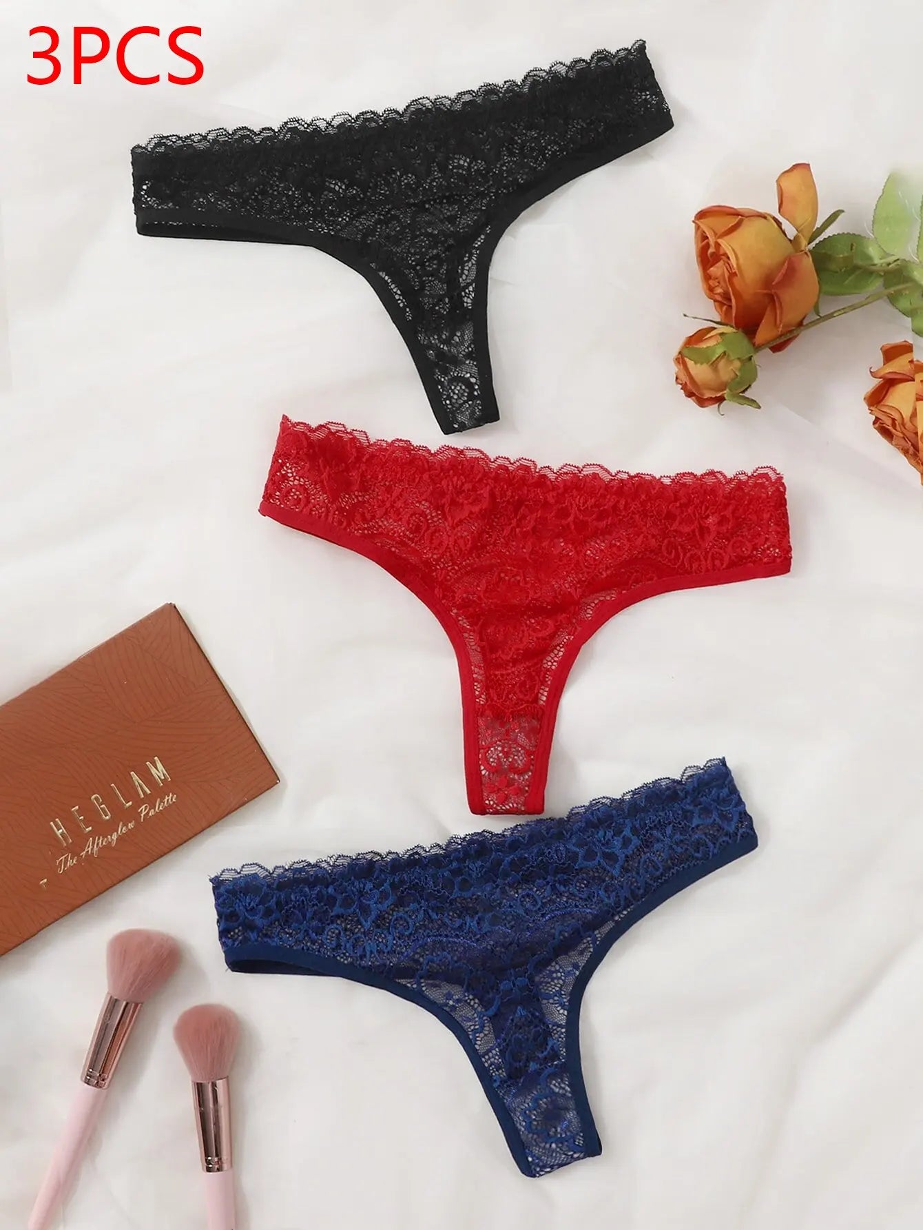 Sexy And Charming Women's Underwear Ultra-Thin Full Lace Thong 3 Pcs black blue And Red Can Be Paired With A  Lingerie 363-3