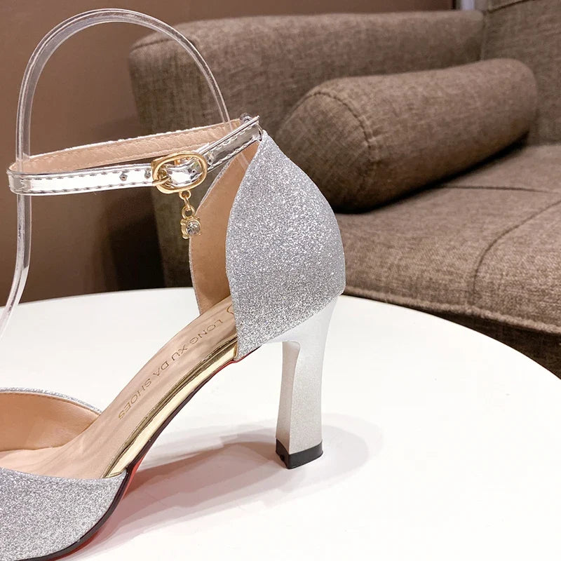 ZOKI Bling Gold Silver Women's Pumps 2024 Sexy Point Toe Thin Heel Party Wedding Shoes Woman Summer Ankle Strap High Heels Shoes