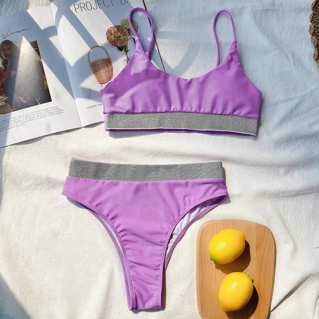 Bikini 2026 Sexy Swimwear Swimsuit Women Push Up High Waist Shining Bandage Patchwork Bikinis Set Bathing Suit Biquinis Feminino