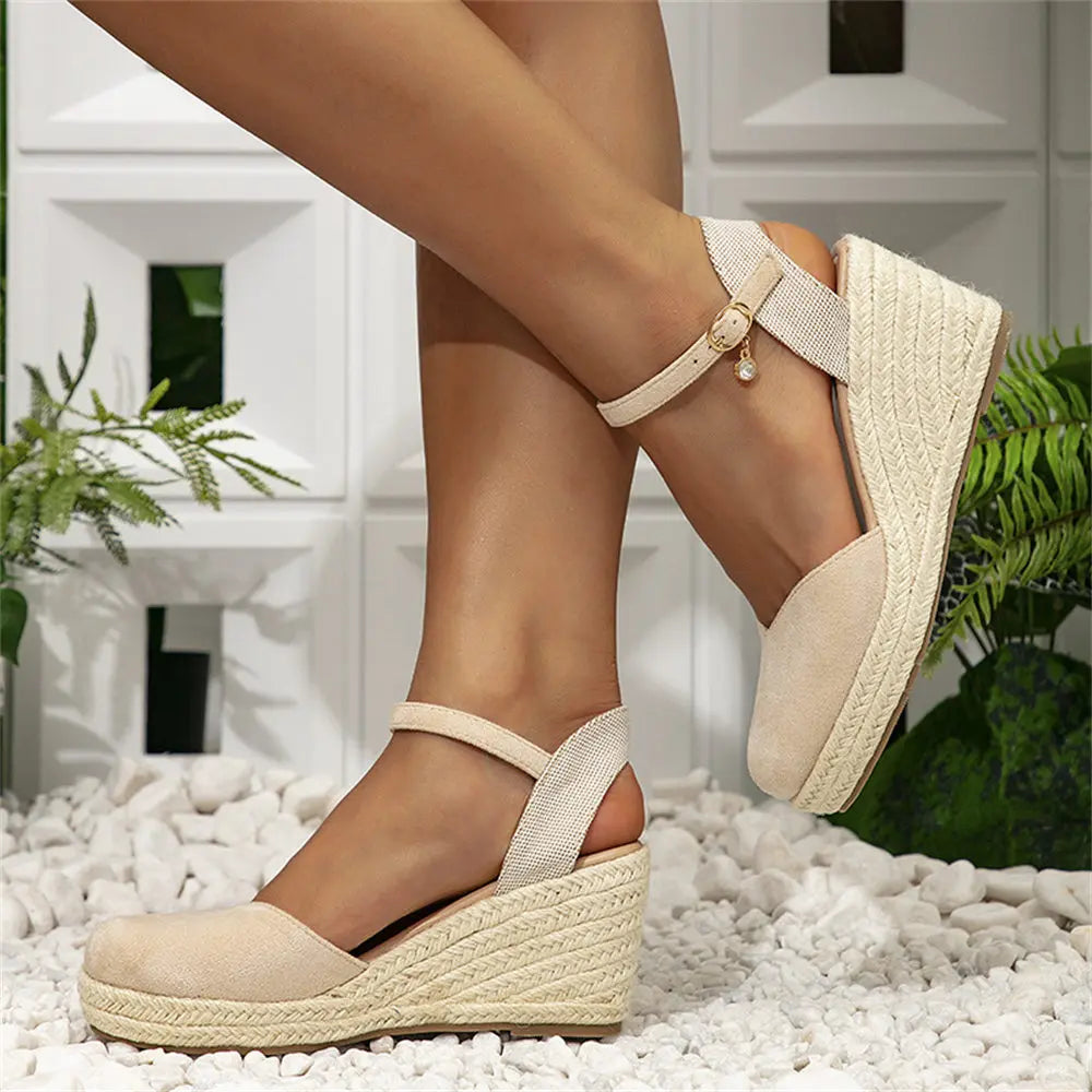 2024 Big Size 43 Women's Comfy Walking Wedge Espadrilles Sandals Summer Leisure Round Toe Platform Ankle Strap Shoes
