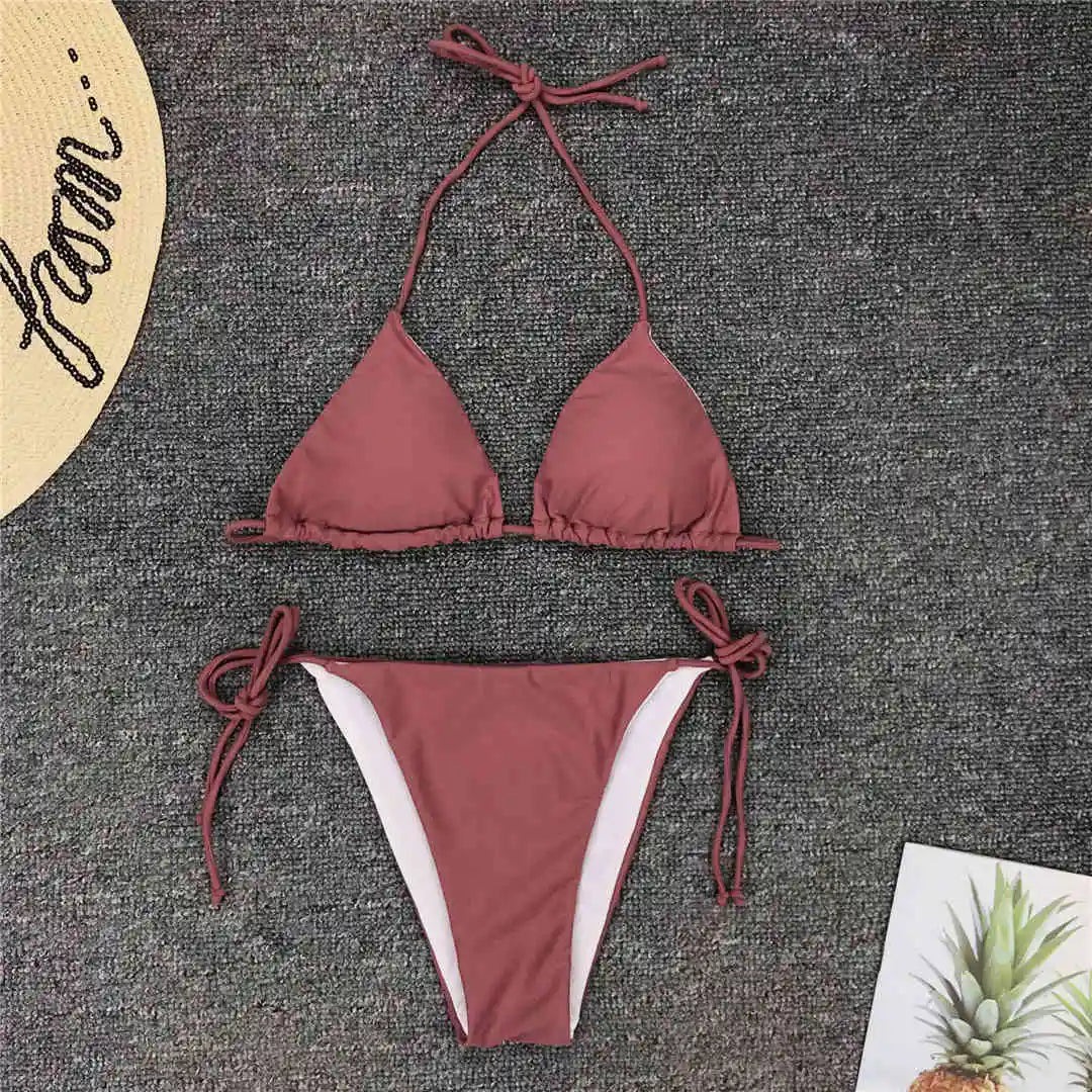 New Sexy Neon Pink Brazilian Bikini Women Swimwear Halter Swimsuit Female Two-Pieces Bikini Set Bather Bathing Suit Swim V1312