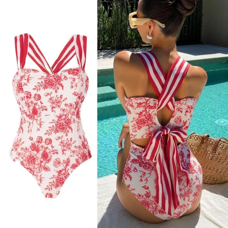 2Pc Striped One Piece Swimsuit 2025 Sexy Bandeau Push up Bikini with Bow Tie Female Swimwear Cover up Beachwear for Women