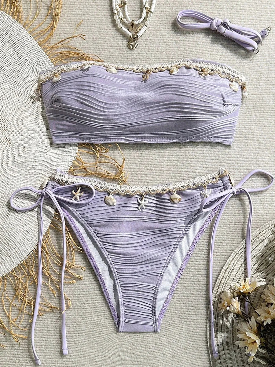 XS - XL Bandeau Wrinkled High Cut Bikini Women Swimwear Female Swimsuit Two-pieces Bikini Set Shells Bather Bathing Suit Swim