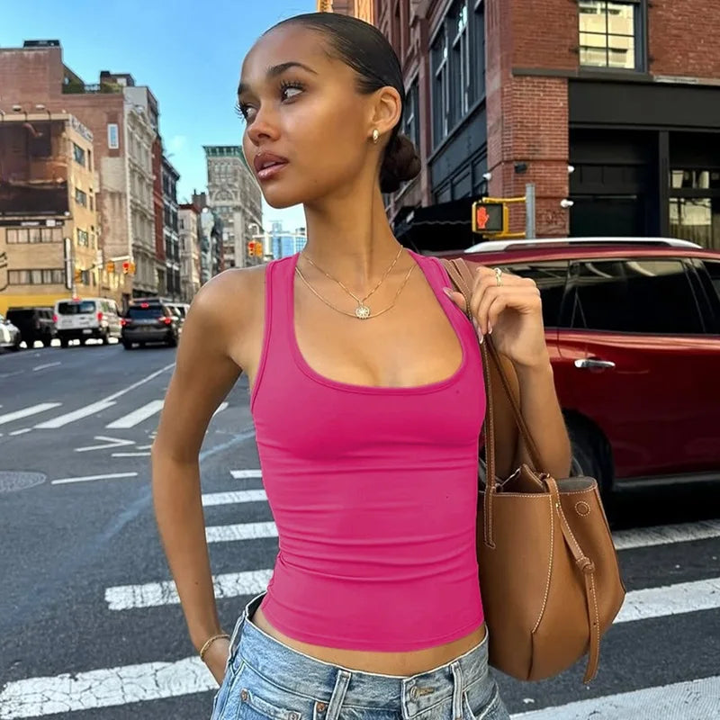 Women's Fashion Solid Tank Tops 2026 Streetwear Sleeveless T-shirt Female Square Collar Skinny Corset Y2K Girls Gray Crop Top