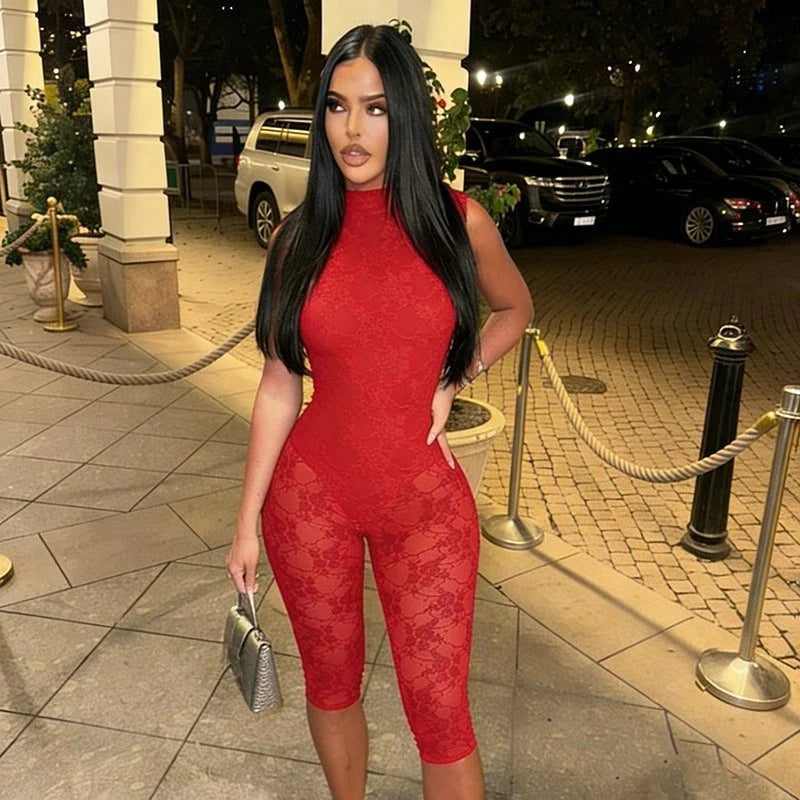 FDYOUI Women's Backless Sleeveless Bodysuits 2026 Summer Sexy Buttons Hollow Out Lace Jumpsuits Night Club Overalls Black Red