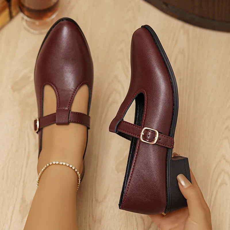 Fashion T Strap Pointed Toe Oxford Shoes Women Ankle Buckle Low Heel Pu Leather Shoes Woman Plus Size 43 Thick Sole Office Shoes