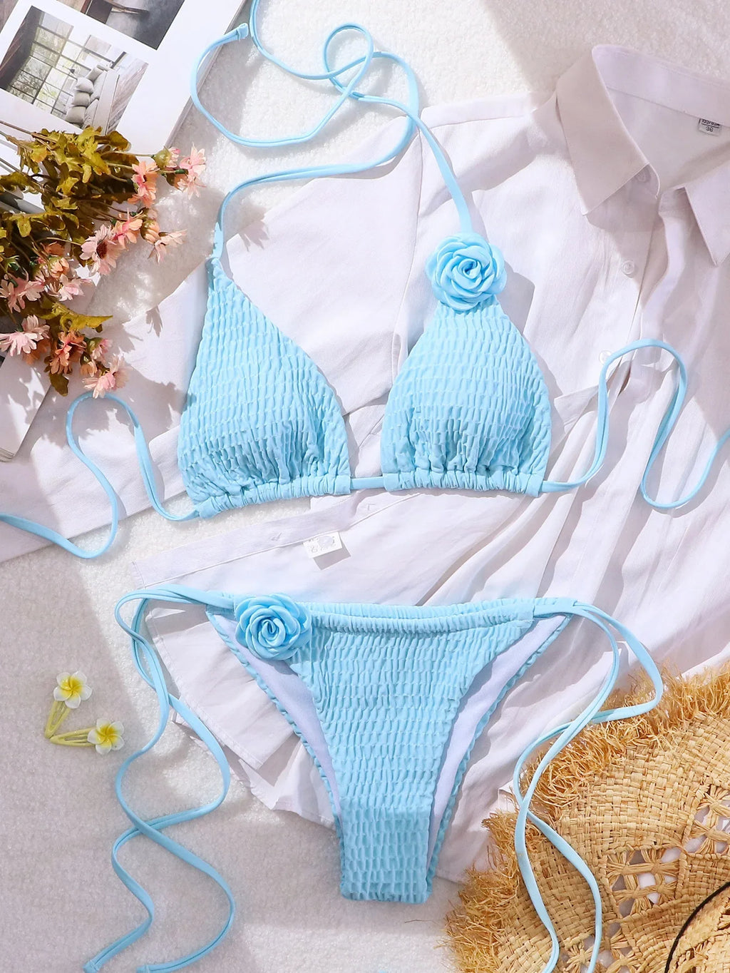 DEKA Women Sexy Thong 3D Flowers Bikini Set Halter Strappy Bikini Thong Swimwear Female Swimsuit Two-pieces Bather Bathing Suit