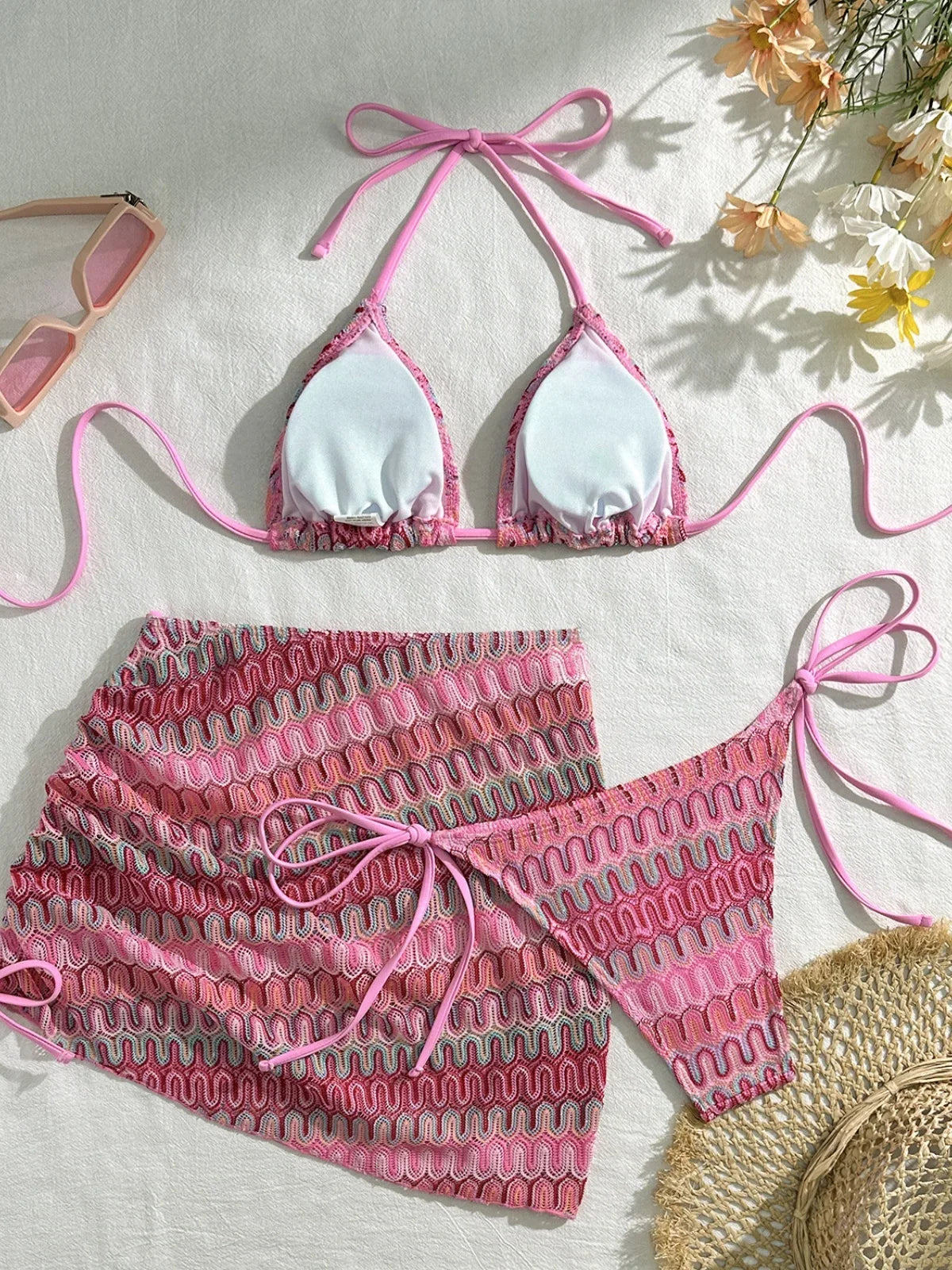 Sexy Drawstring Side Skirt 3 Piece Bikini Set Women Orange Striped Embroidered Print Swimwear High Waist Bathing Suit Swimsuit