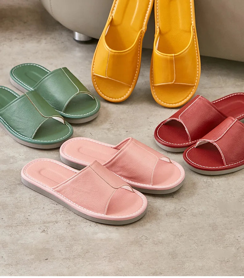 Big Size EU48 Indoor Slippers For Women Men Spring Summer House Shoes Soft Leather Anti-slip Open Toe Couples Home Floor Slides