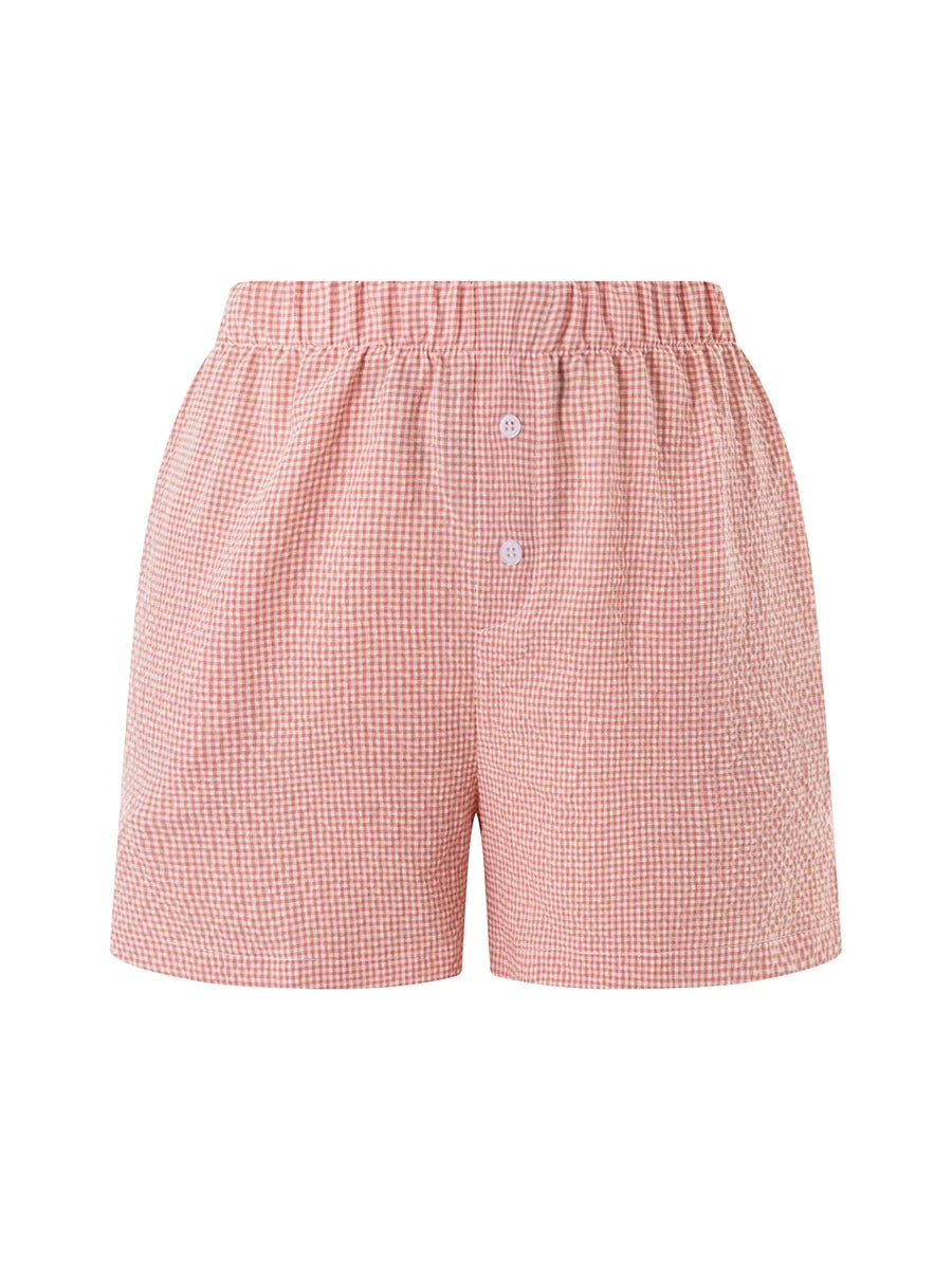 Summer Womens Casual Shorts Elastic Waist Plaid/Striped Print Button Front Shorts Casual Beach Going Out Pants