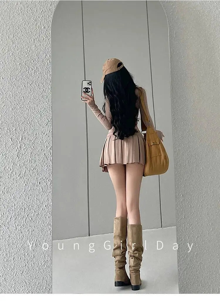 WOMENGAGA Fahsion Women Skorts Spicy Girl Sexy High Waist SlimA-LINE Pleated Skirt Half Body Short Skirt Sweet Korean Style 8NDZ