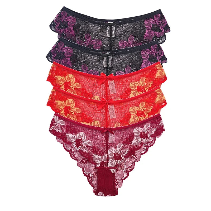 5pcs Lace Sexy Women Panties Mid Waist Perspective Floral Ladies Briefs Breathable Comfortable Female Underwear