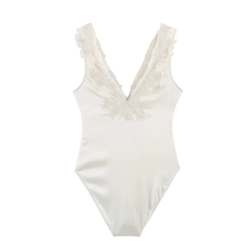 Women's Satin Women Elegant Beige Lace V Neck Satin Bodysuits Sleeveless Slim Fit Top For Daily Wear Bodysuits Pure Desire S1ZJ