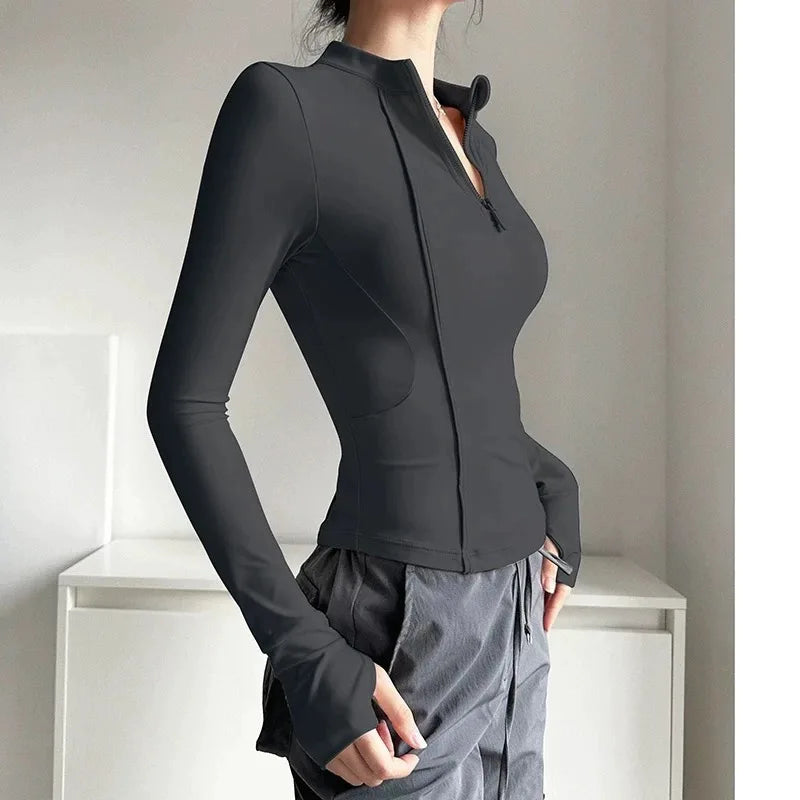 Women's Slim Fit Long Sleeved Yoga Exercise Top Elastic Half Zipper Fitness Suit for Active Wear