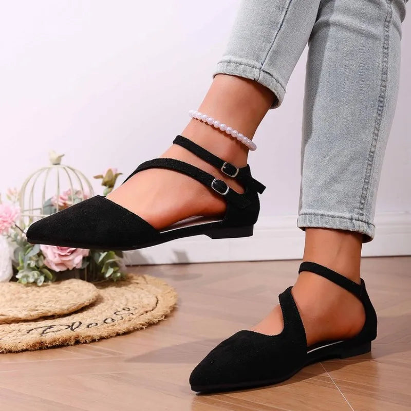New Sandals for Women One Line Buckle Pointed Pointed-toe Flat-heeled Sandals Women's Suede Fashion Women'S Black Flats Shoes