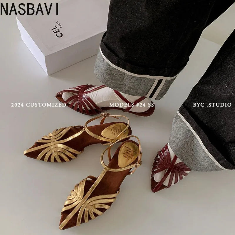 NASBAVI Designer Sandals Women Shoes Narrow Band Sexy Sandals Kitten Heels Pointed Toe Ladies Concise Footwear Summer Red Shoes