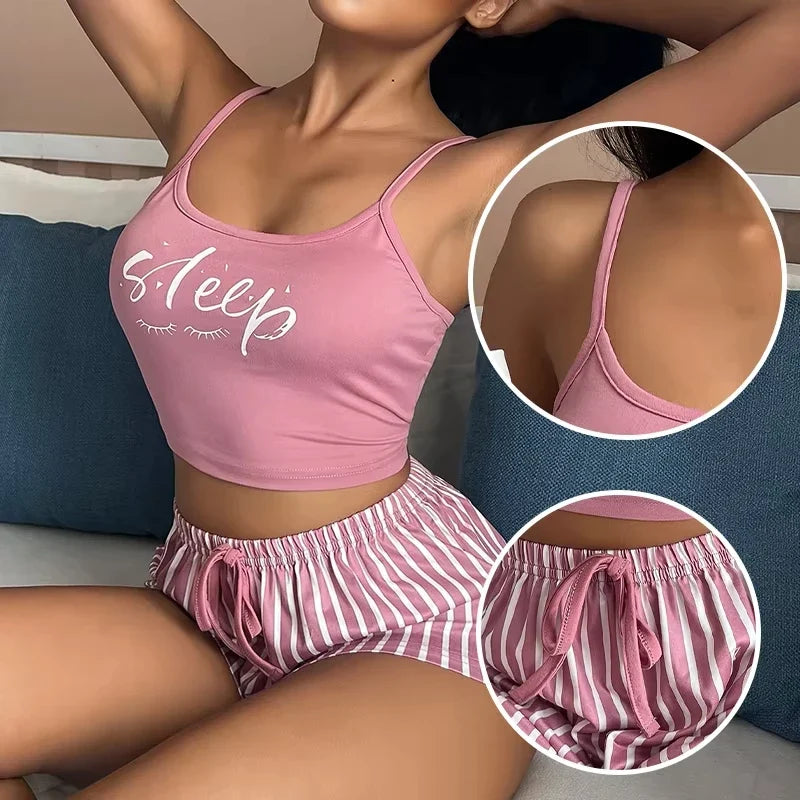 Women Pajamas Set Sleepwear Sexy Summer Home Clothes Tops And Shorts Cute Soft Sleeveless Nightwear For Female