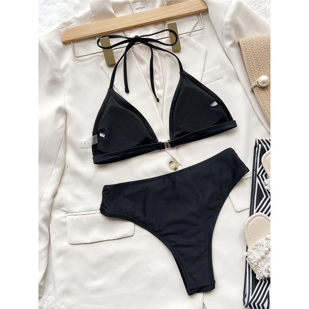 Sexy Halter Strappy Mid Waist Bikini Female Swimsuit Women Swimwear Two-pieces Bikini set Padded Bather Bathing Suit Swim V3635