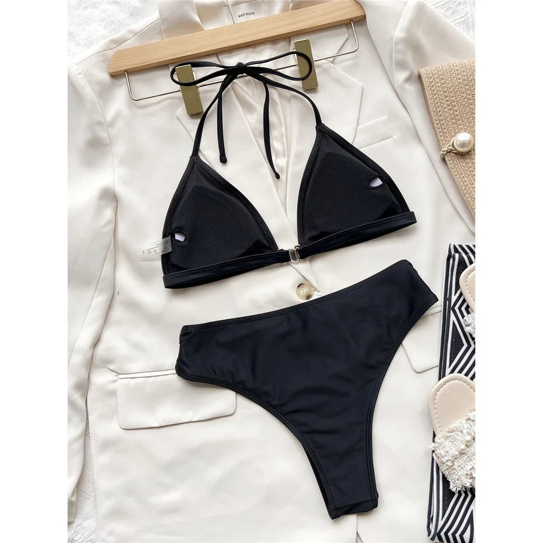 Sexy Halter Strappy Mid Waist Bikini Female Swimsuit Women Swimwear Two-pieces Bikini set Padded Bather Bathing Suit Swim V3635