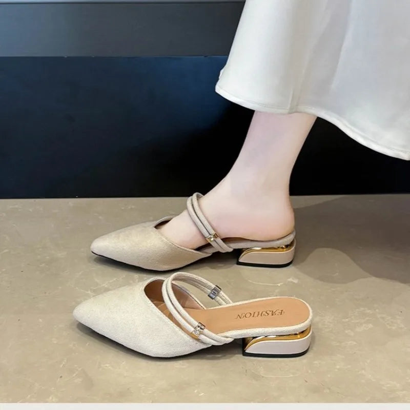 Sandals for Woman Chunky Pointed Toe Footwear Summer 2026 Thick Heel Block High  Pumps Women's Shoes Slippers