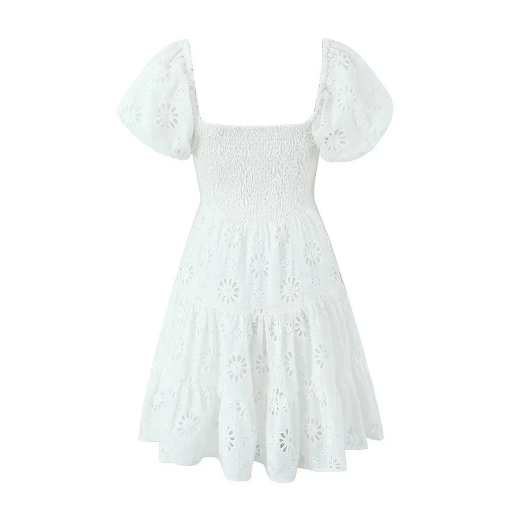 Puff Sleeve Cotton White Lace Dress Women Summer 2025 Square Collar Vintage Beach Short Dress Petite Flower Embriodery  Dress