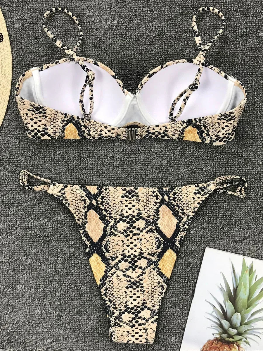 Snake Skin Underwired Bra Cup Bikini Women Swimsuit Female Swimwear Two Pieces Bikini Set Mini Micro Thong Bathing Suit Swim