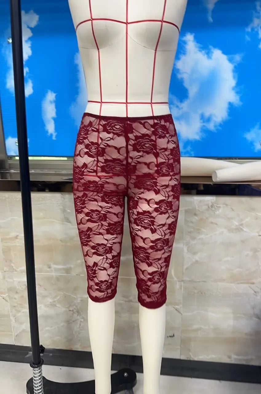 Women Burgundy Floral Lace Capri Leggings Sheer See Through Knee Length Pants High Waist Slim Fit Casual Summer Streetwear