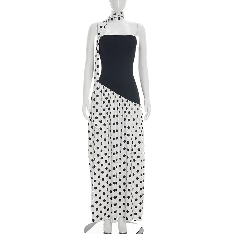 FDYOUI Elegant Bandage Polka Dot Patchwork Evening Dresses Women's 2026 Summer Off Shoulder High Slit Pleated Long Party Dress