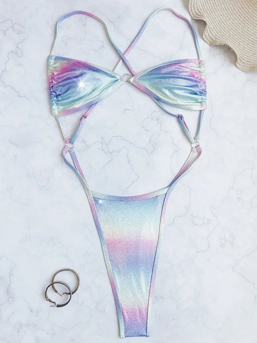 Shiny Gradient High Cut Out Female Mini Micro Thong Swimwear One Piece Swimsuit Women Monokini Backless Bathing Suit Swim Lady