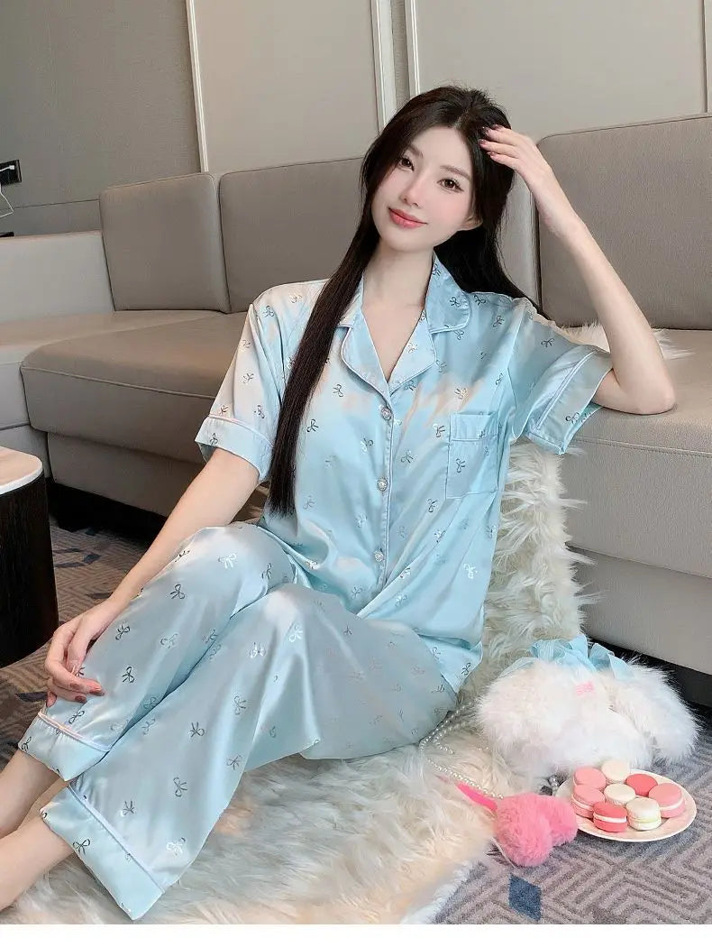 Women's padded pajamas spring and summer three-piece silk home clothes can be worn outside