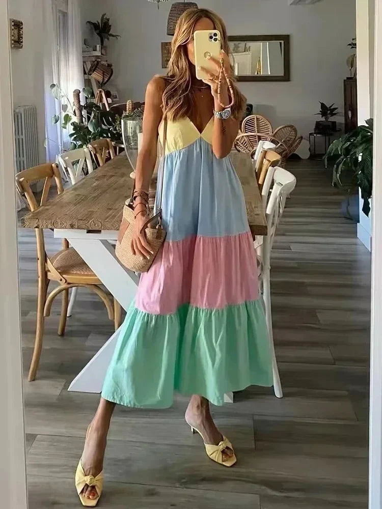 Foridol Multicolor Patchwork V Neck Sundress Smocked Strap Sleeveless A-line Female Midi Casual Summer Women Vestidos 2025