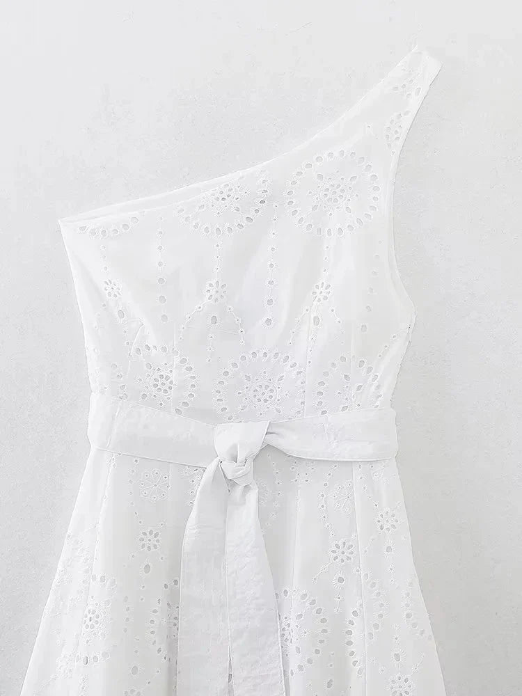 Foridol White One Shoulder Autumn Cotton Dress Women Winter Casual Dress Vestidos Maxi New Embroidery Boho Beach Dress Holiday