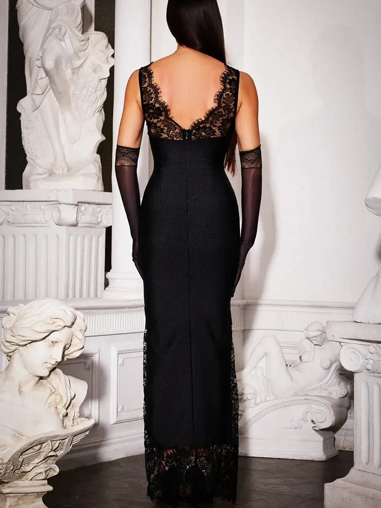 Ahagaga Lace Women's Party Maxi Dresses Solid Skinny V-Neck See Through Camisole Blackless Bodycon Sleeveless Vestidos Robes