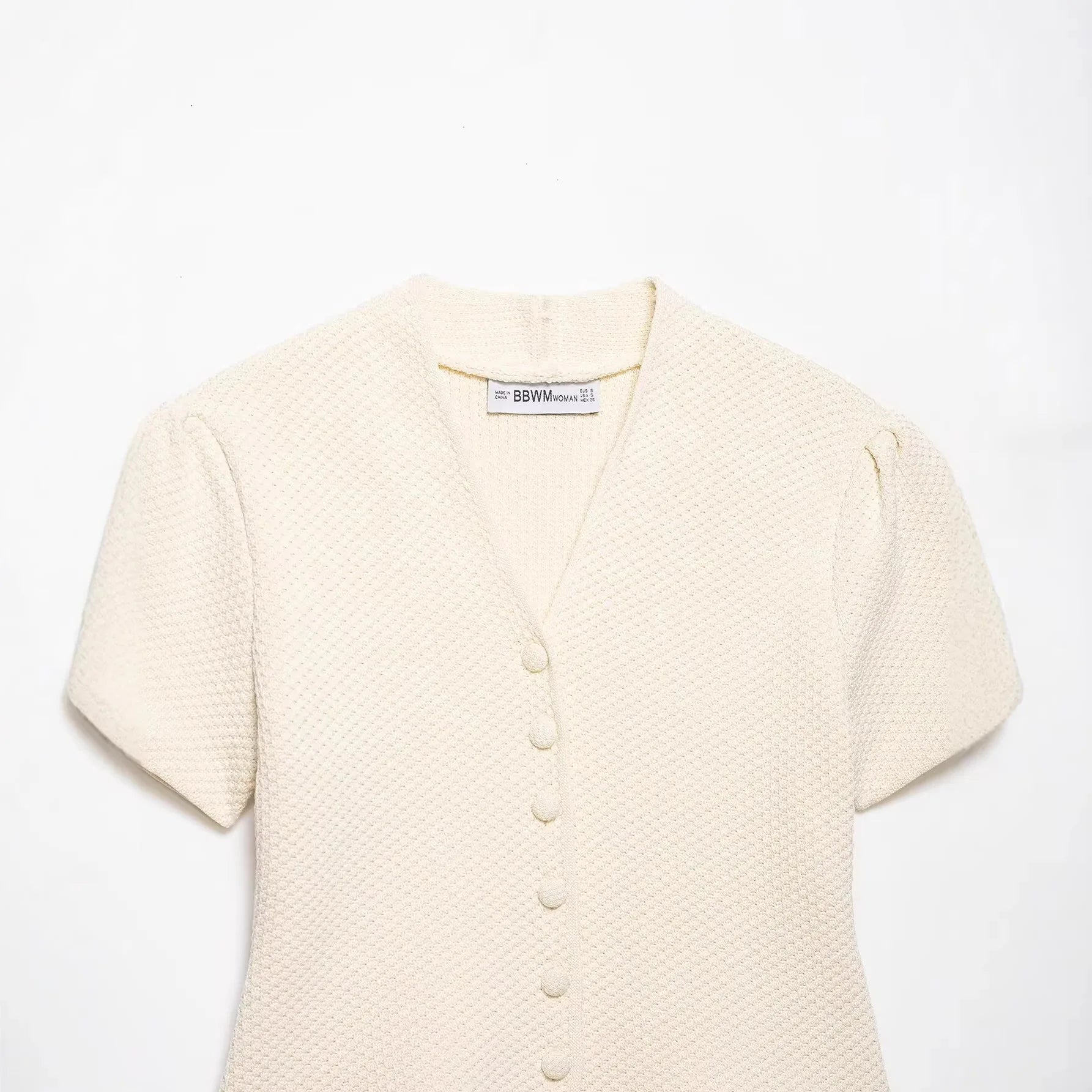 Women's Fashion Casual Structured Knit Jacket Women Beige V Neck Short Sleeve Textured Knit Cardigan Button Front Top Charm 17M0