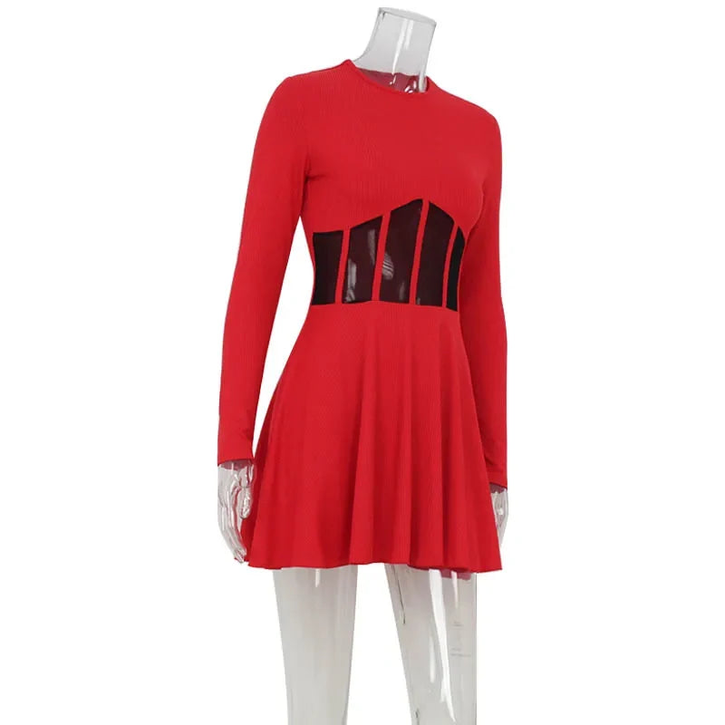 Ahagaga Fashion Solid Women's Mini Dresses A-Line Knitted Sheer Slim Fit Long Sleeves Bodycon O-Neck Party Streetwear Vestidos