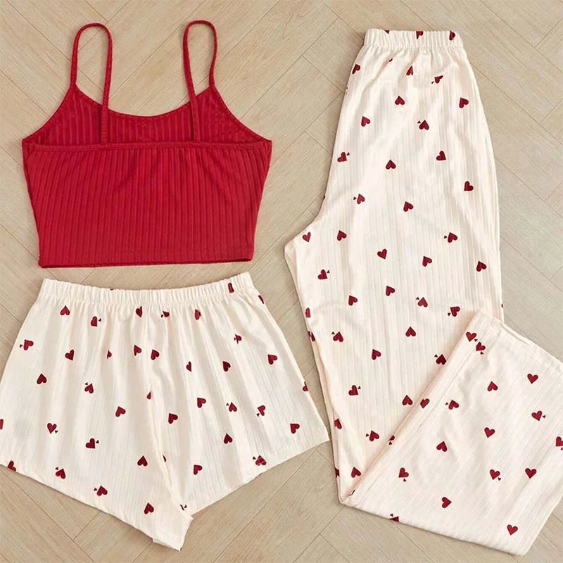 3 Pieces Pajamas Set Women Sleepwear Casual Heart-Shaped Printed Vest and Shorts and Pants Sets Homewear Pijamas