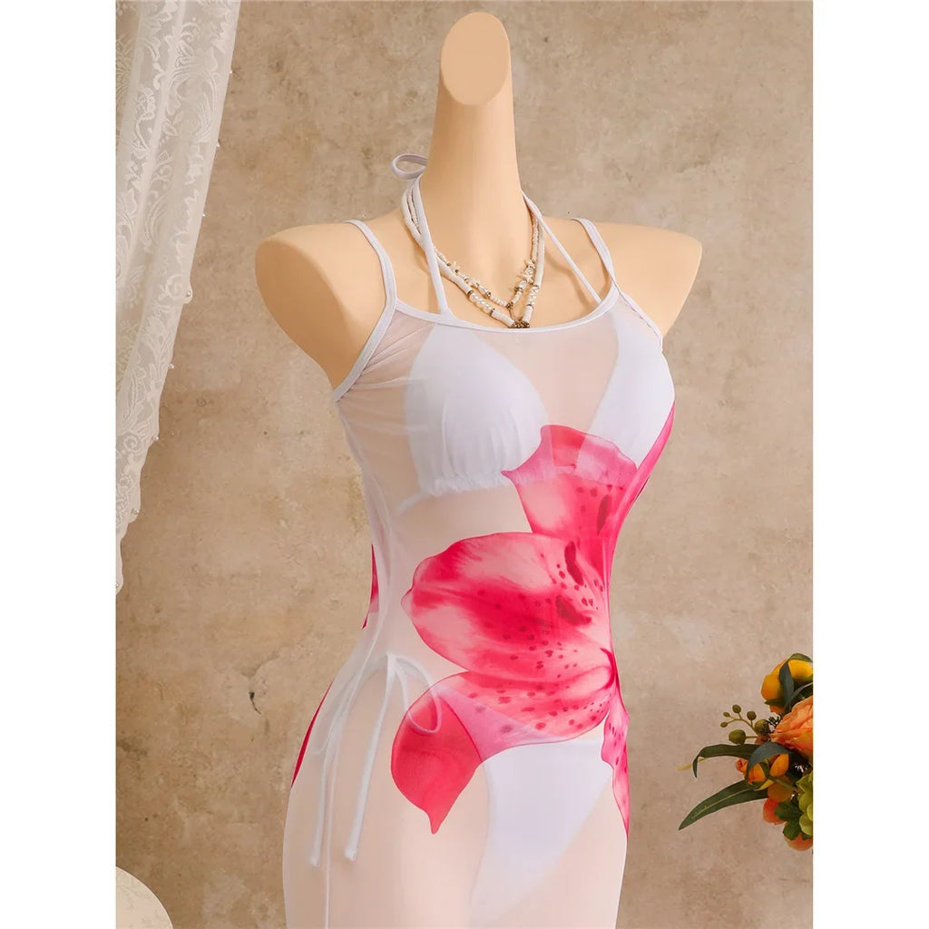 With Floral Dress Printed Halter Bikini Female Swimsuit Women Swimwear Three-pieces Bikini set Bather Bathing Suit Swim V8204