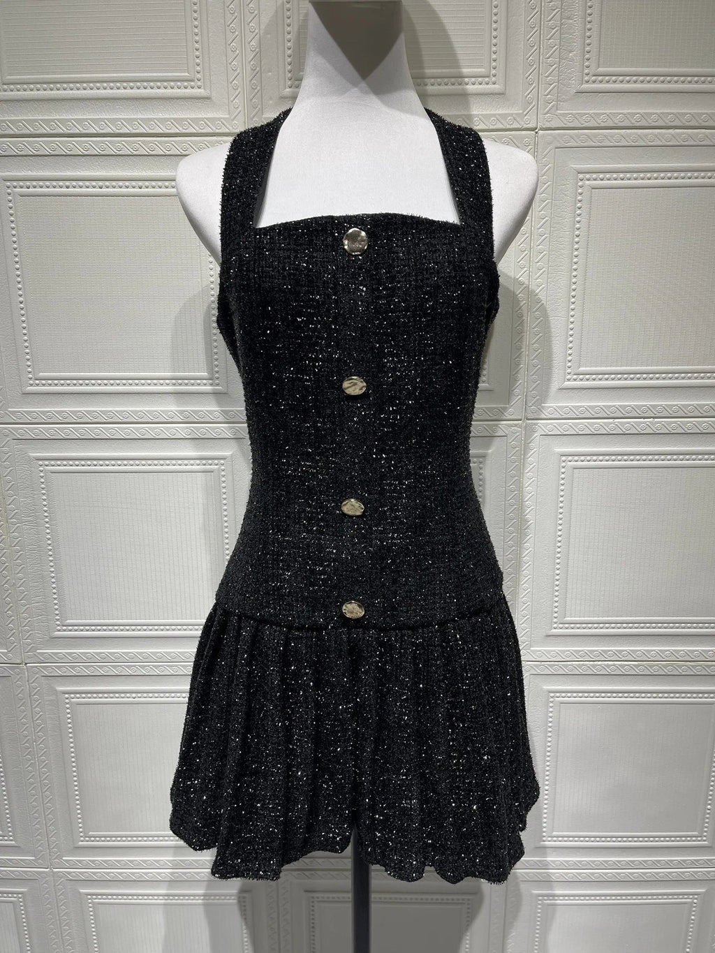 Temperament Elegant Women's Halter Neck Dress Solid Color Braid Fabric Pleated Short Dresses Socialite Commuting Style Vestidos