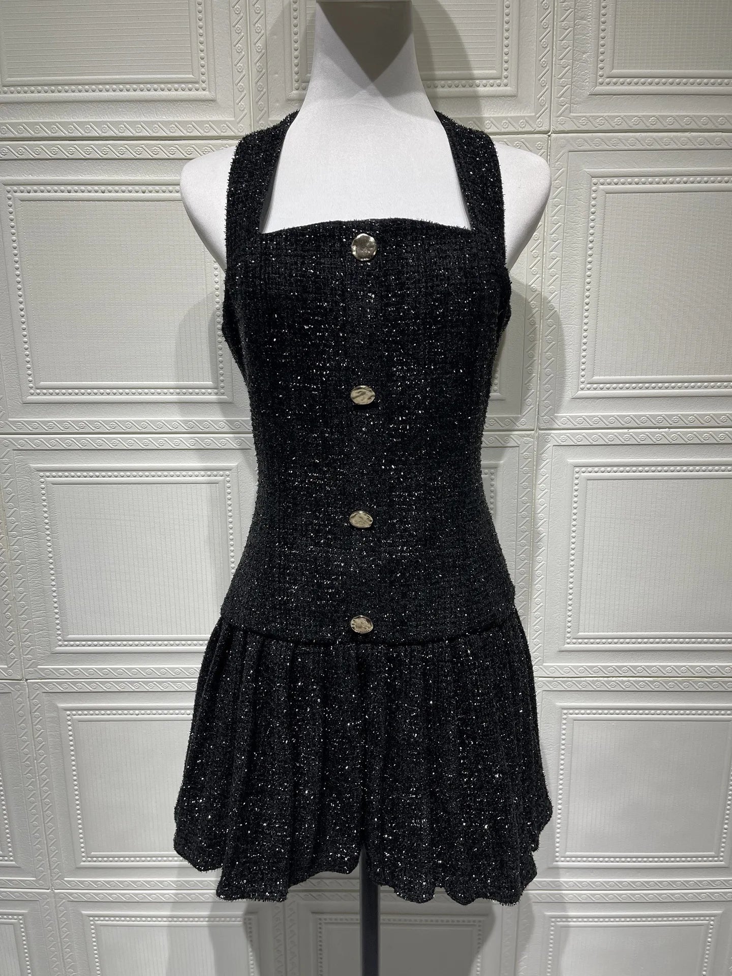 Temperament Elegant Women's Halter Neck Dress Solid Color Braid Fabric Pleated Short Dresses Socialite Commuting Style Vestidos