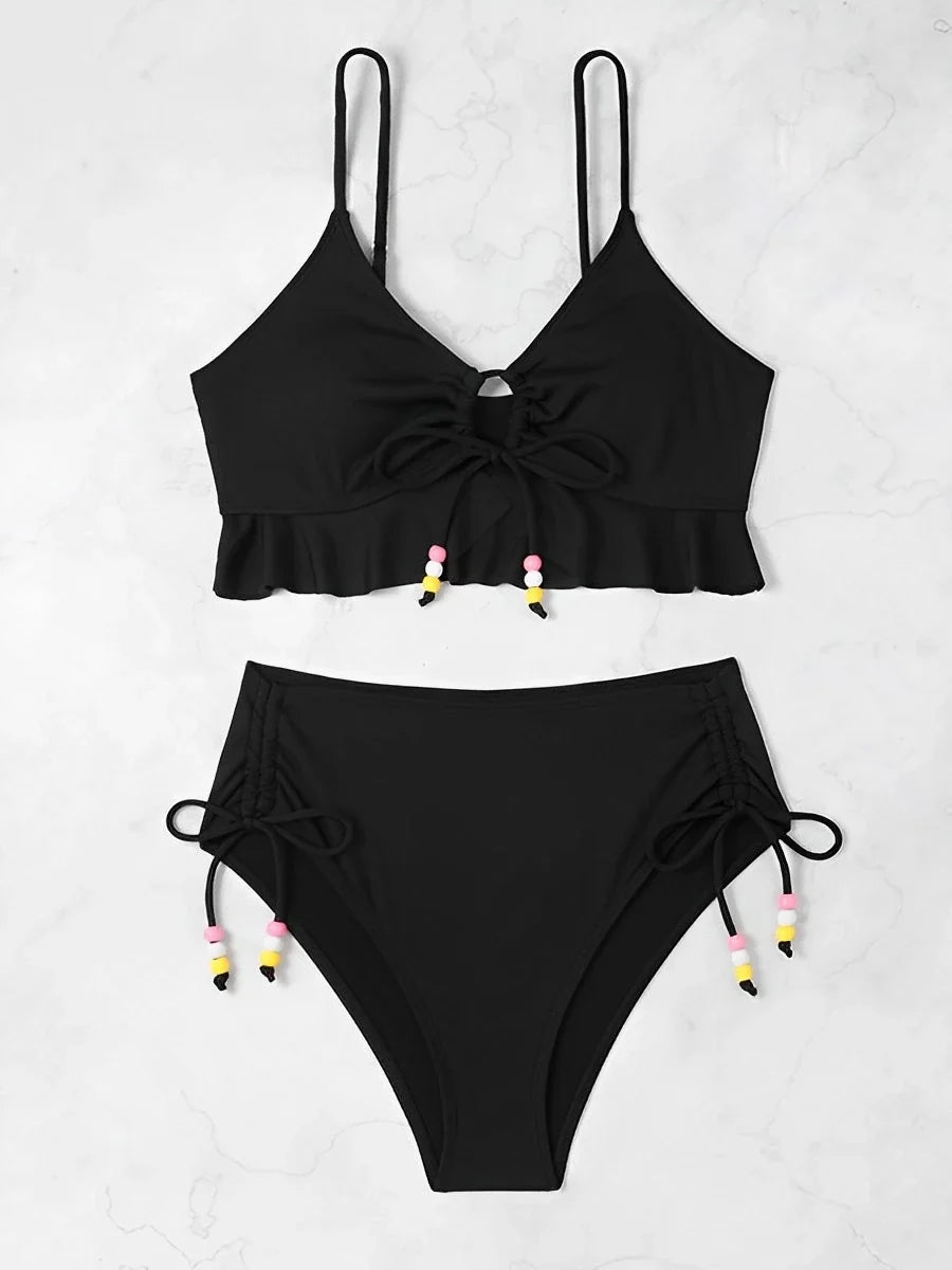 2026 High Waist Bikini Women Drawstring Swimwear Female Ruffle Swimsuit Solid Bathers Bathing Swimming Swim Suit Beachwear
