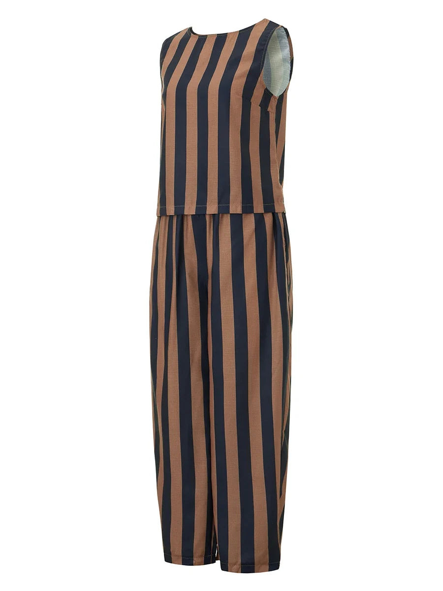 Women’s 2 Piece Summer Pant Outfits Sleeveless Plaid/Stripes Print Tank Tops + Pants Set Casual Streetwear