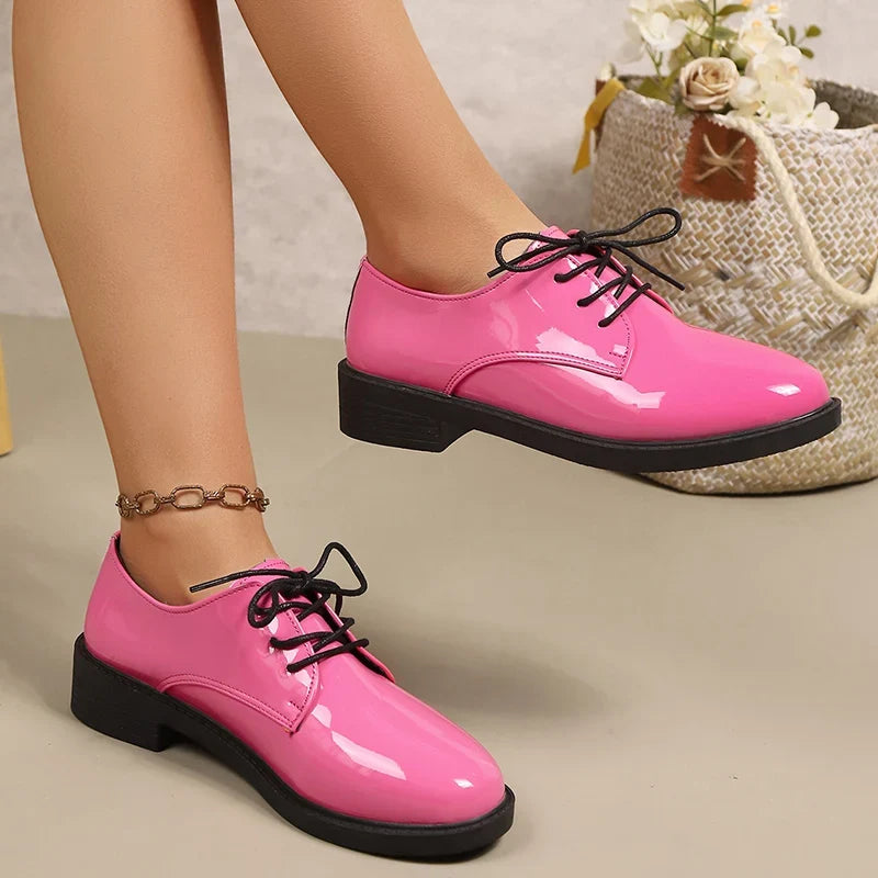 Pink Patent Leather Oxford Shoes Women Fashion Lace Up Pointed Toe Med Heel Pumps Woman Plus Size 43 Thick Heels Office Shoes