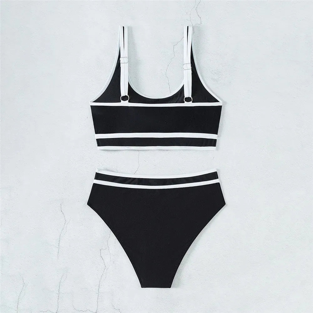 Black White Contrast High Waisted Bikini Push Up Sexy Swimsuit Women 2025 Swimwear Bathing Suit Bandeau Bikinis Sets De Mujer