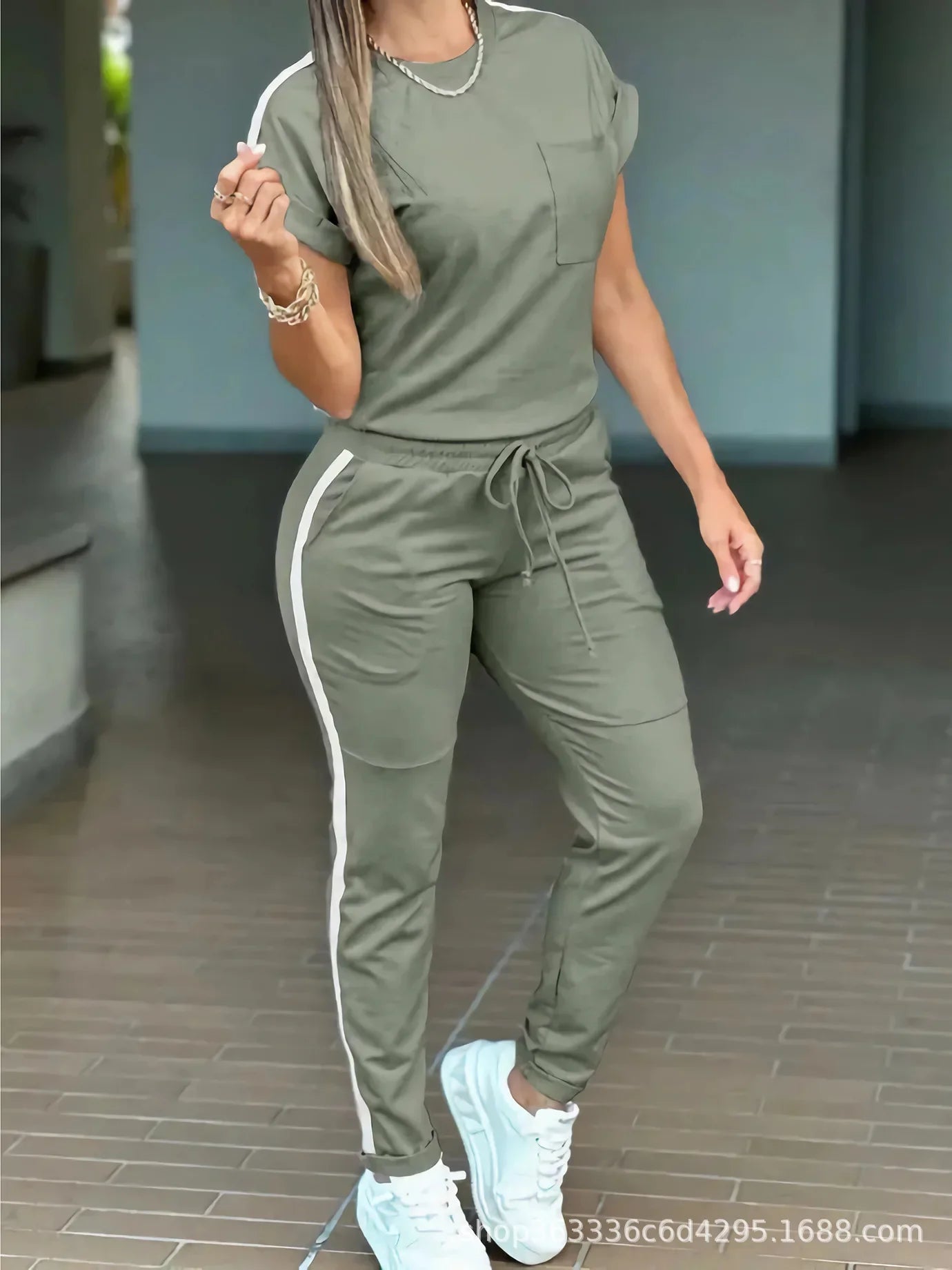 Women's suit sports casual two-piece short-sleeved suit plus size mom