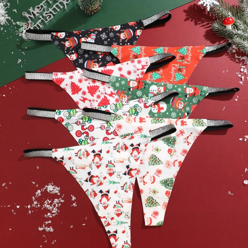 4Pcs Christmas Print Underwear Breathable Shiny Belt Thong Women Skin-friendly Fashionable Casual Christmas Gifts