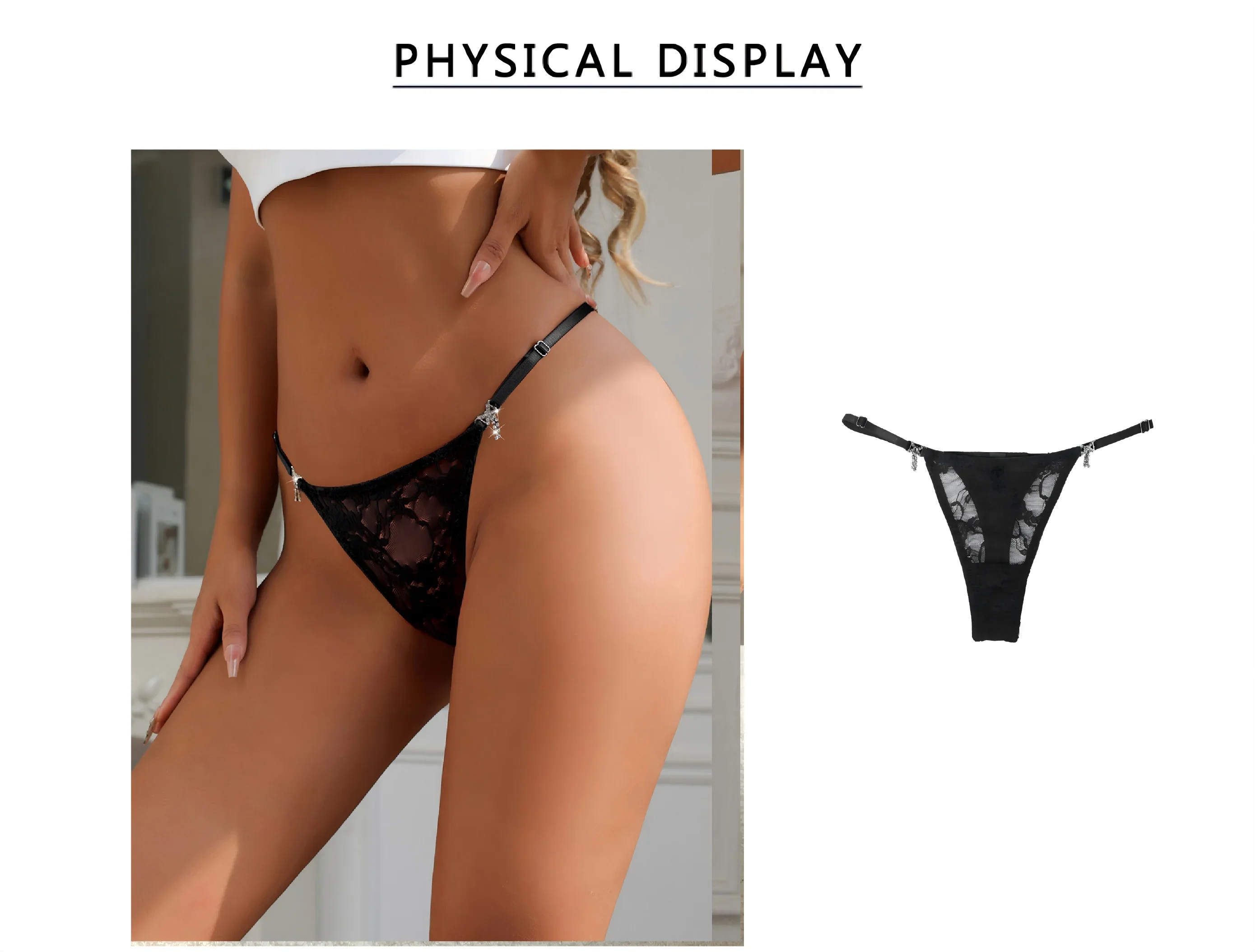 Black Lace Mesh Panty for Women See Through Adjustable Waistband Rhinestone Bow Decorative Buttons Plus Size Thong Underwear