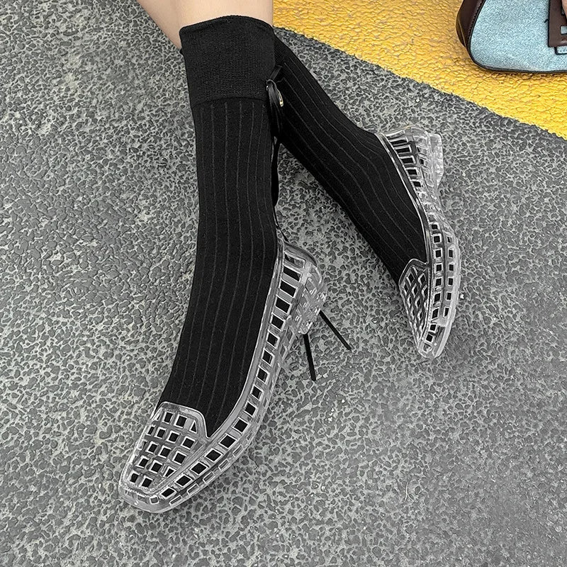 New 2025 Women Fashion Jelly Shoes Summer Cut-out Flat Sandals, Soft PVC Casual Square Toe Girls Daily Walking Sandalias