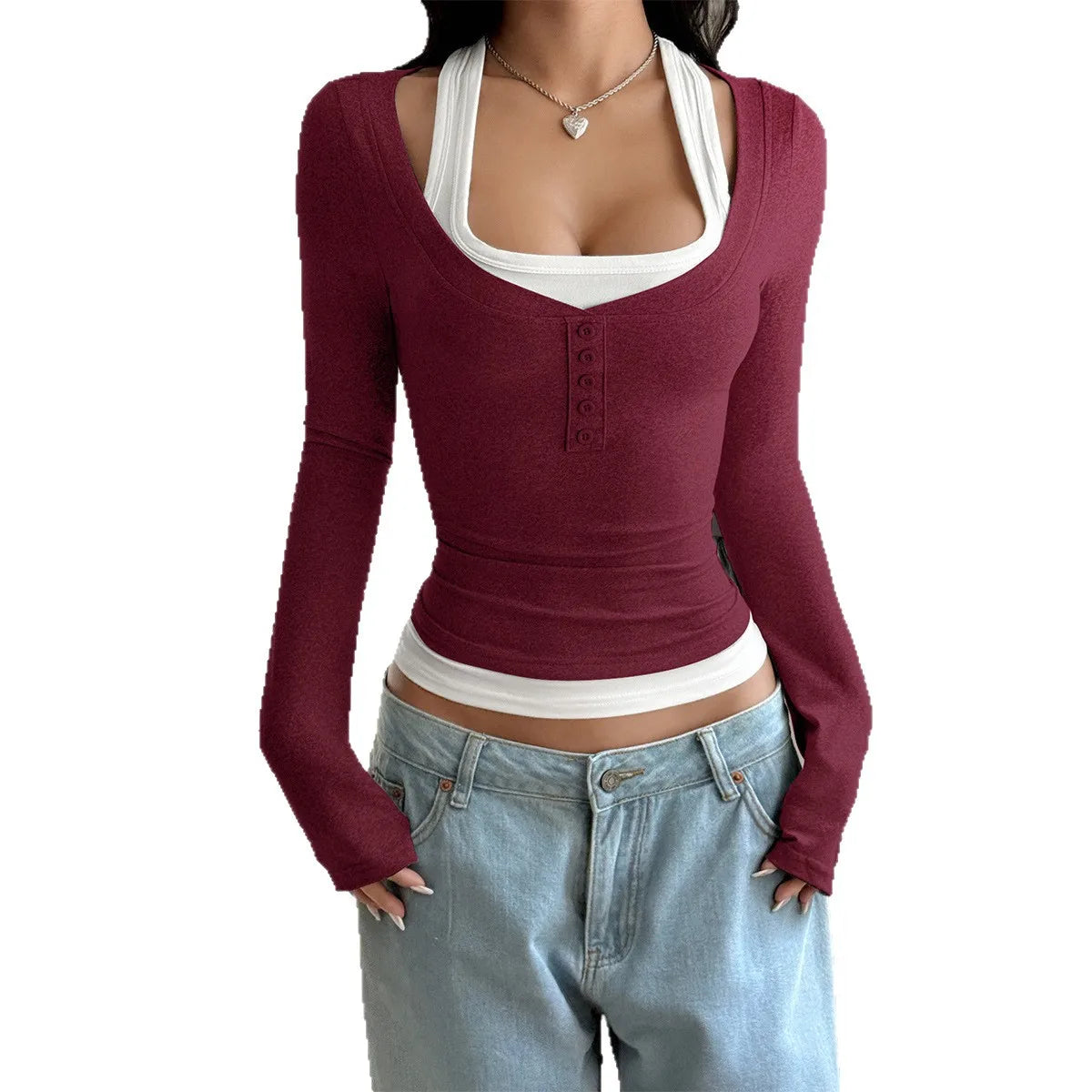 Women's Y2K Fake Two Piece Long Sleeve Cami Top, Fashion Slim Fit Sexy Streetwear T-Shirt