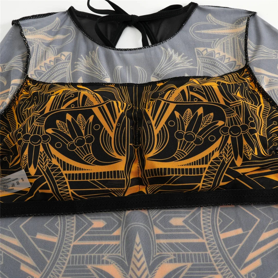 S - XXL 3PCS New Printed Long Sleeve With Pants Sarong Women Swimwear One Piece Swimsuit Female Bather Bathing Suit Swim K7180