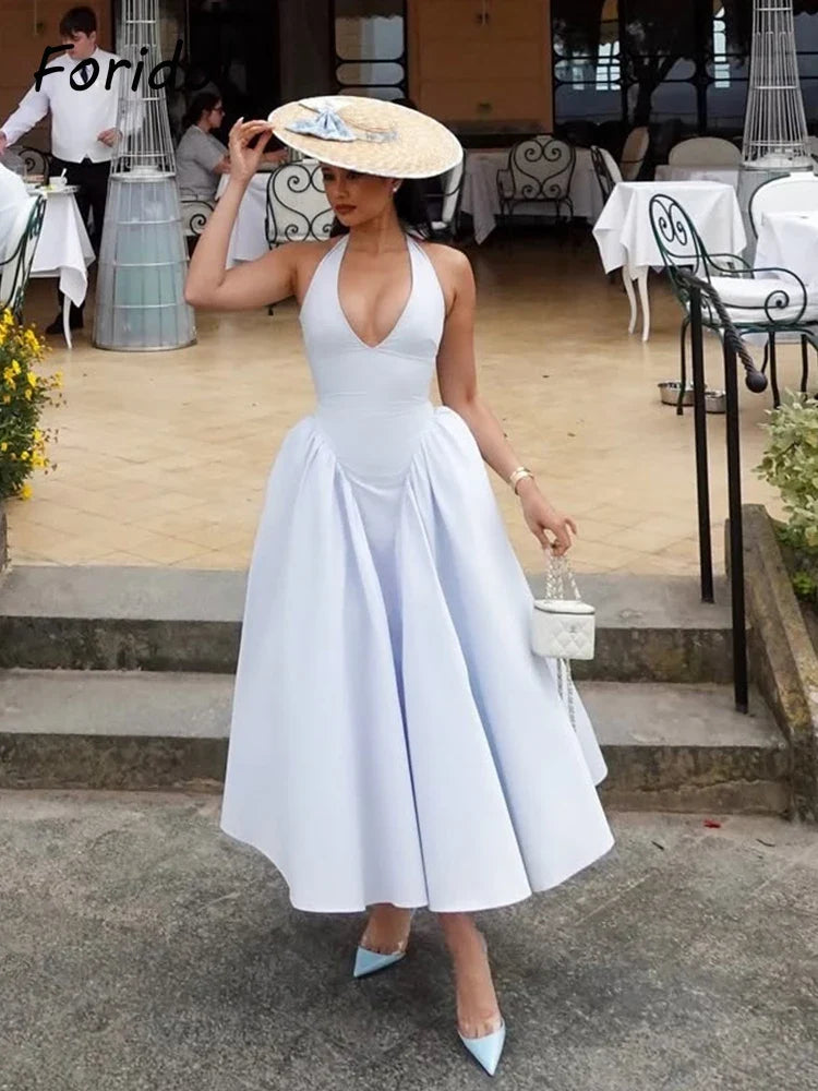 Foridol Summer Spring White Cotton Women's Dress Backless Halter Midi Party Dresses Elegant Vinatge A-line Vestidos 2025 New In